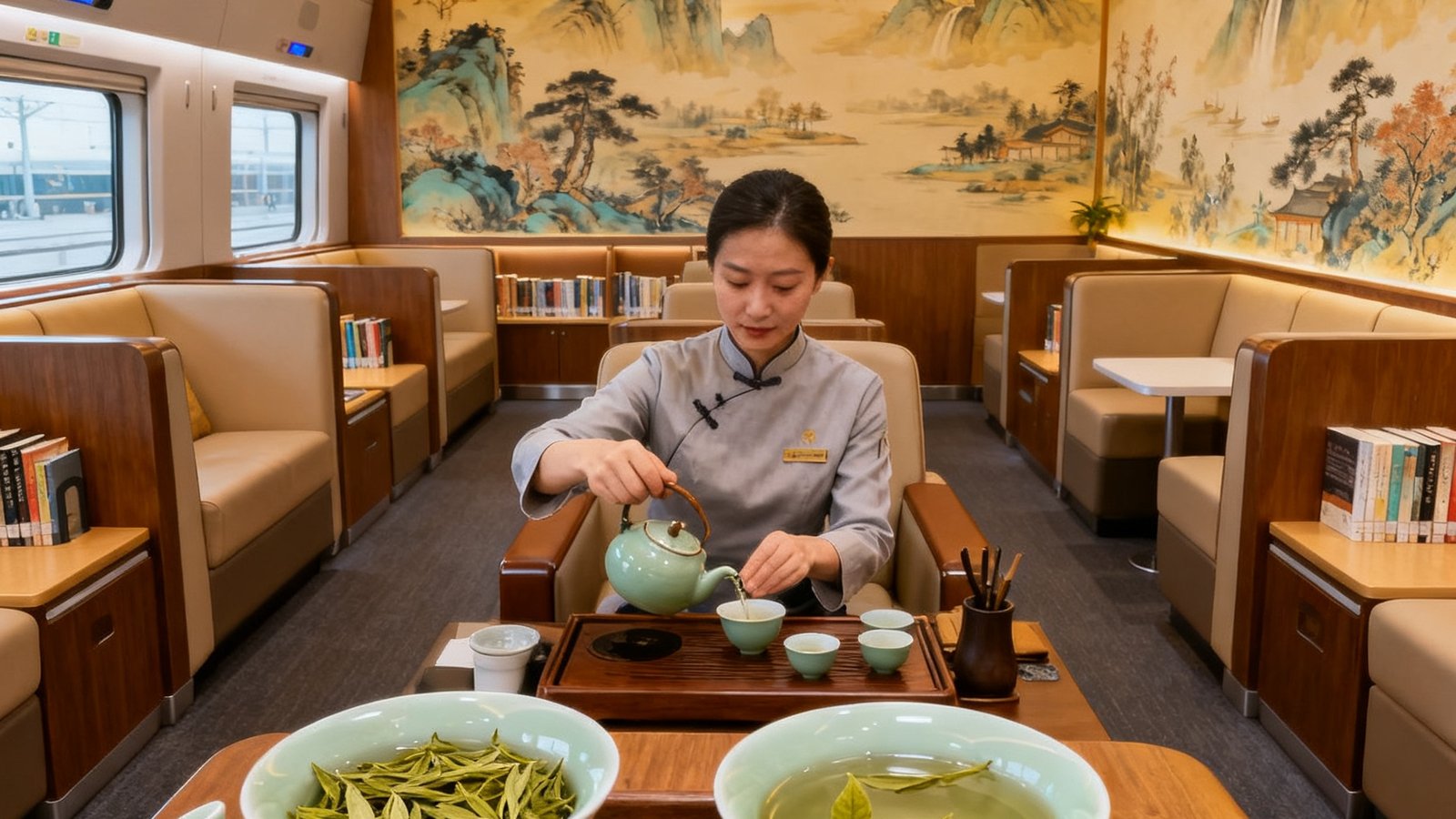上海虹桥高铁站贵宾厅内部，暖色灯光下设有独立卡座与阅读区，墙面装饰中式山水壁画，茶艺师正在为宾客冲泡龙井，氛围雅致宁静